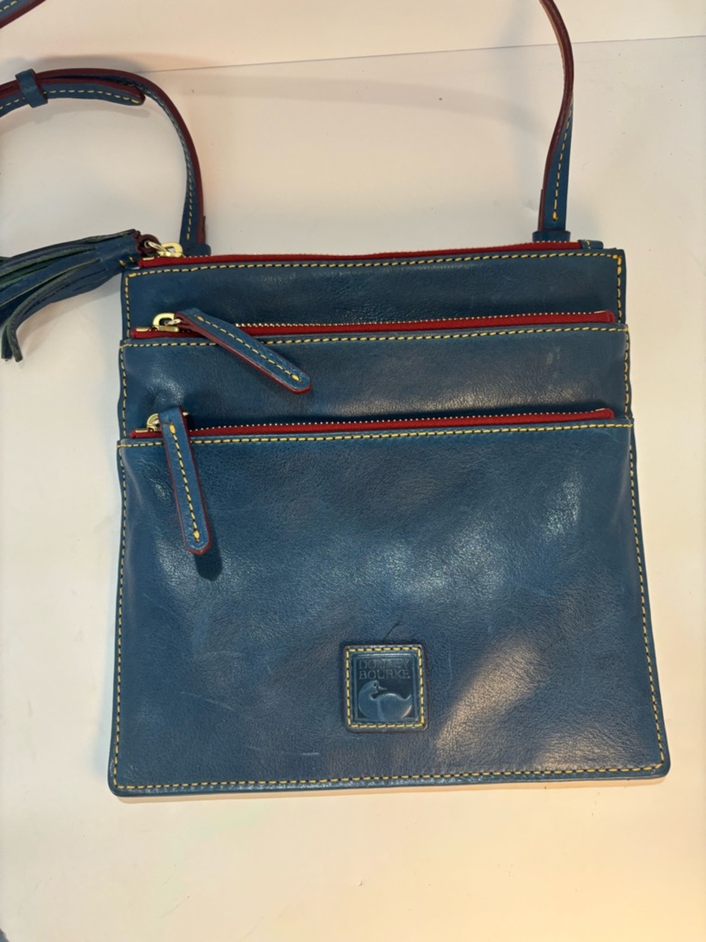 Vintage Dooney & Bourke Blue Leather Triple Zip Organizer Crossbody Bag Red Trim